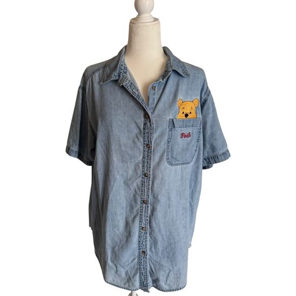 Vintage Disney Winnie the Pooh Embroidered Denim Shirt Button Down 14W/16W - Picture 2 of 8